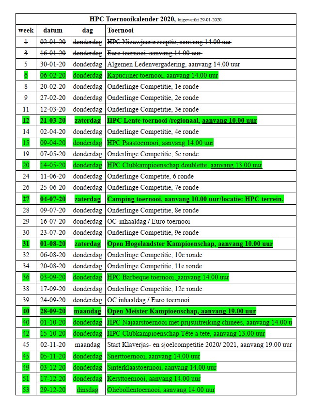 HPC toernooi kalender 2020